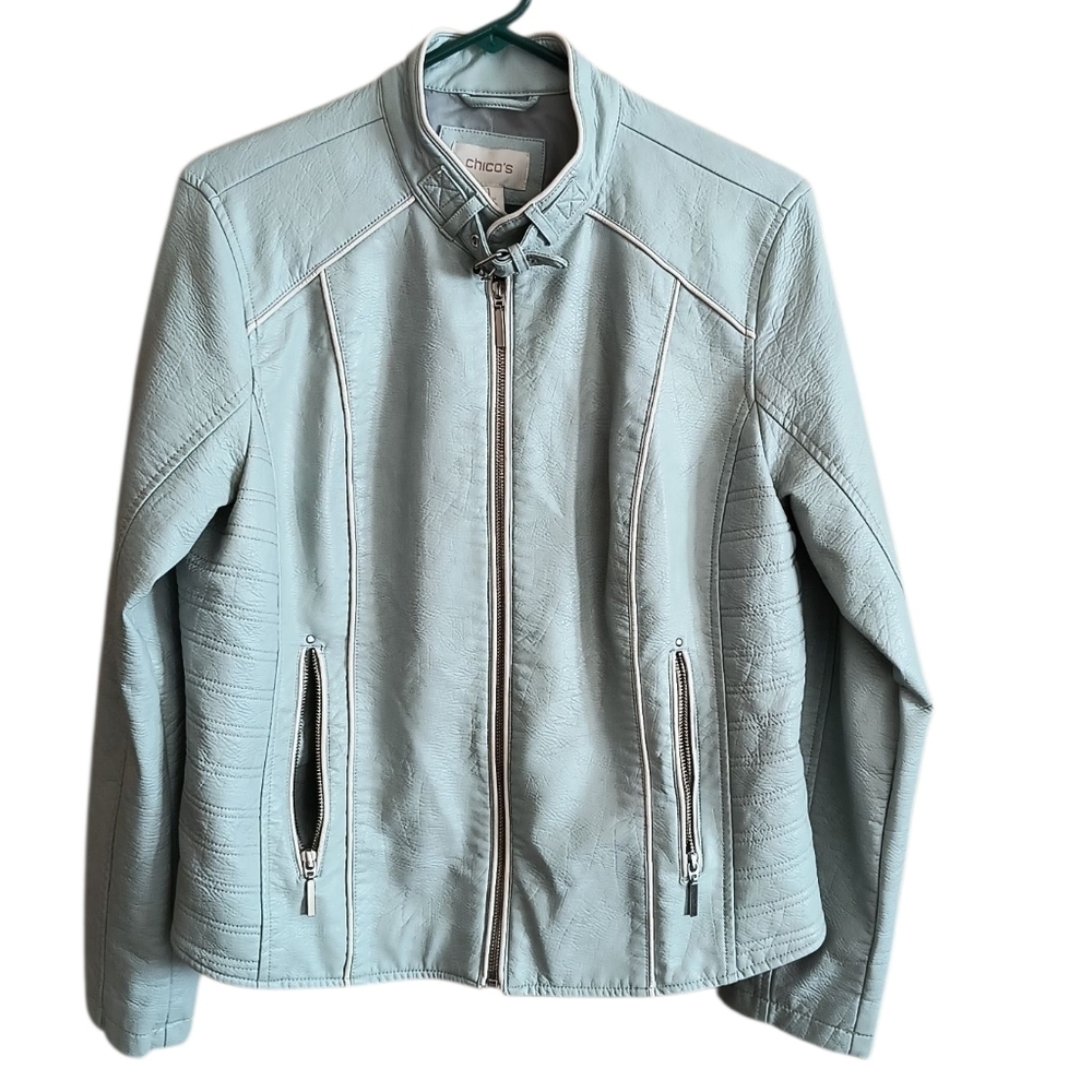Chico's Soft Blue Faux Leather Motorcycle Jacket Size 1 (US Size S/8)